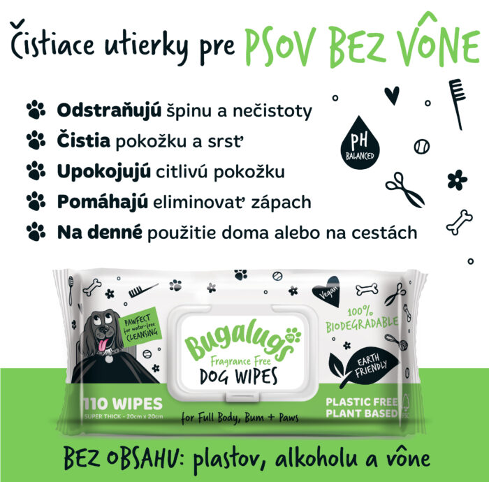 Bugalugs 100% biologicky rozložiteľné vlhčené utierky pre psov bez vône 110 ks – Obrázok 2