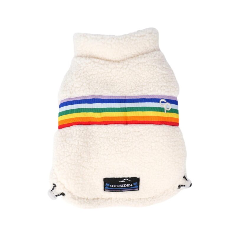 bunda pre psov RAINBOW biela - originálna huňatá zimná bunda na gombíky so sťahovacou gumičkou pre psa