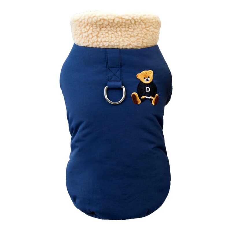 bunda pre psov CUDDLY modrá - hrubá zimná bunda na gombíky s krúžkom na vodítko pre psa