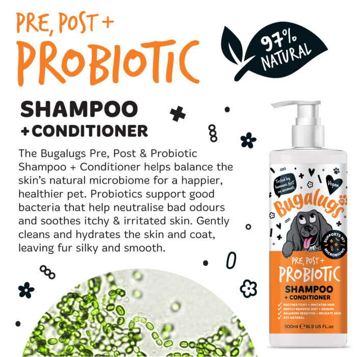 Bugalugs Pre, Post + Probiotic šampón s kondicionérom pre zdravú pokožku a srsť – Obrázok 4