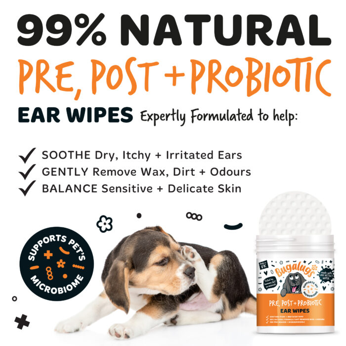 Bugalugs Pre, Post + Probiotic vlhčené utierky na čistenie uší pre psov 100 ks – Obrázok 2