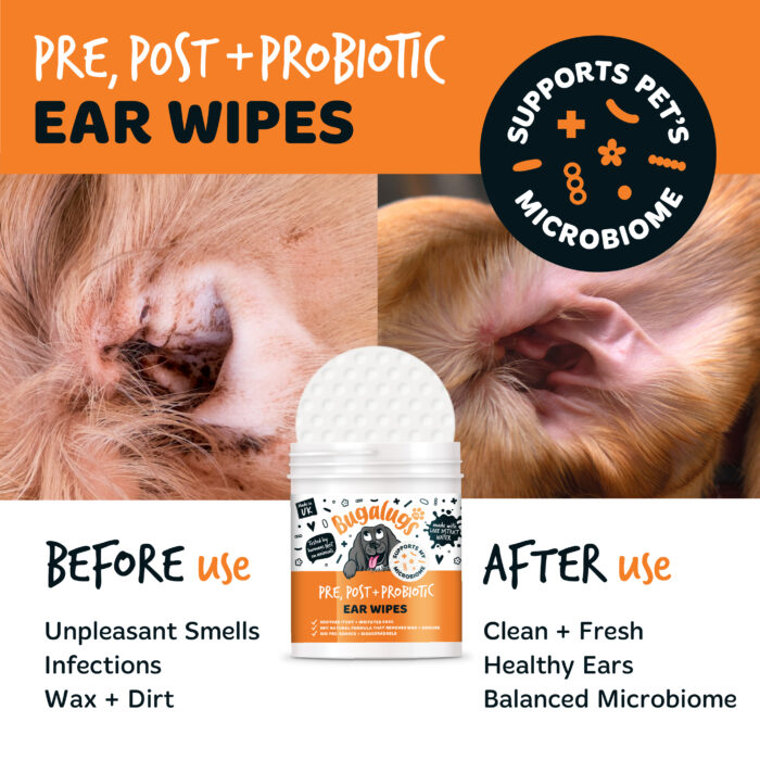 Bugalugs Pre, Post + Probiotic vlhčené utierky na čistenie uší pre psov 100 ks – Obrázok 5