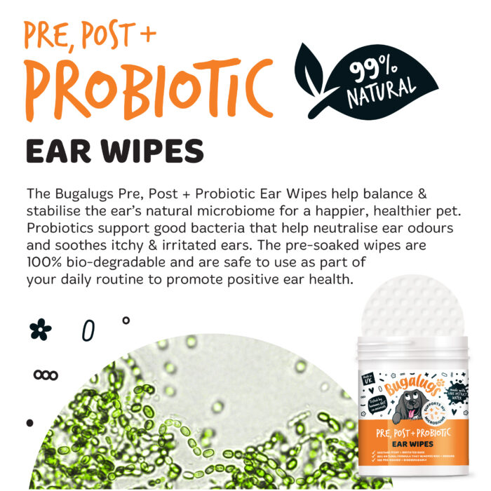 Bugalugs Pre, Post + Probiotic vlhčené utierky na čistenie uší pre psov 100 ks – Obrázok 3